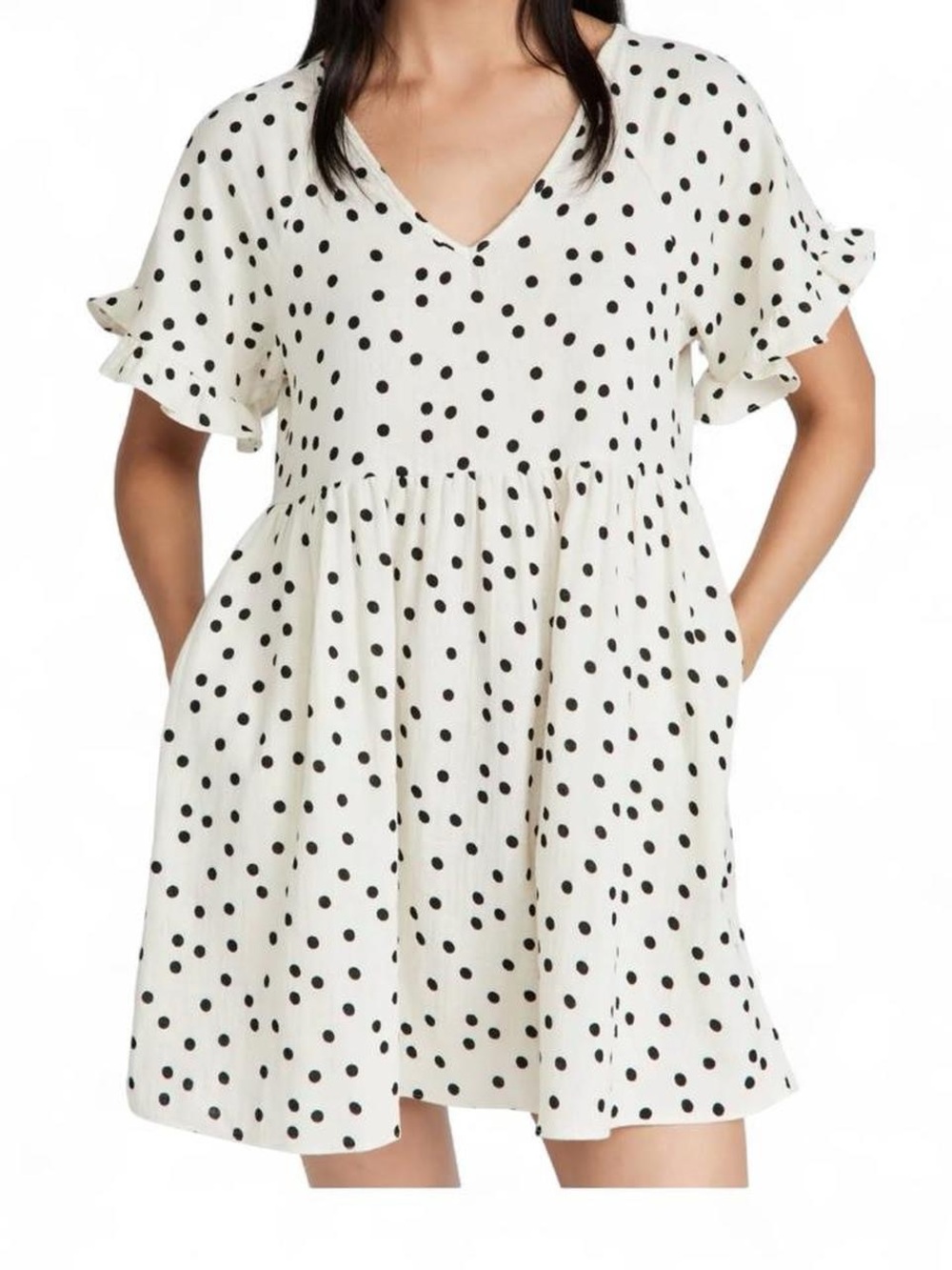 Madewell White and Black Polka Dot V-Neck Dress